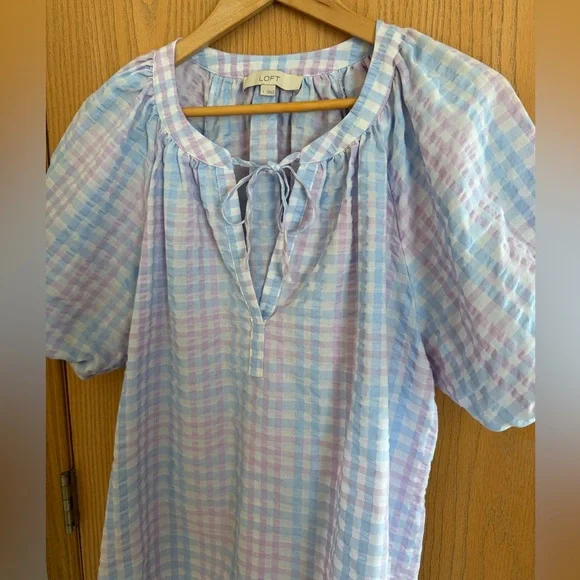 LOFT Blue & Lavender Pastel Gingham Tie-Neck Puff Sleeve Blouse Women’s Size L - Picture 2 of 11